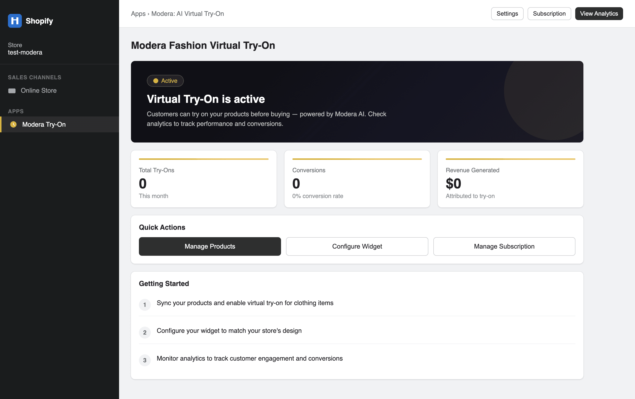 MODERA Virtual Try-On — embedded Shopify admin dashboard