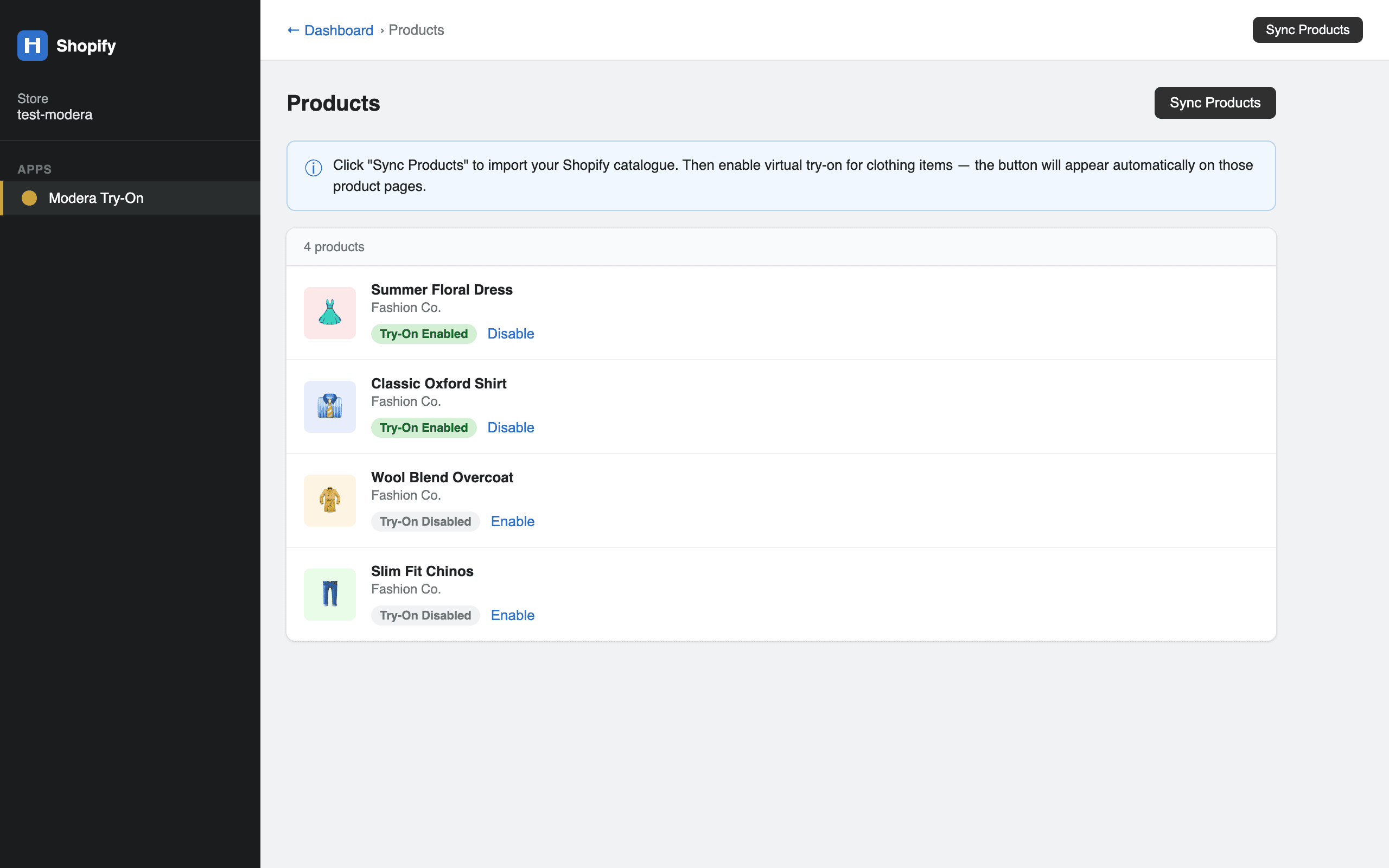 MODERA — manage which products have virtual try-on